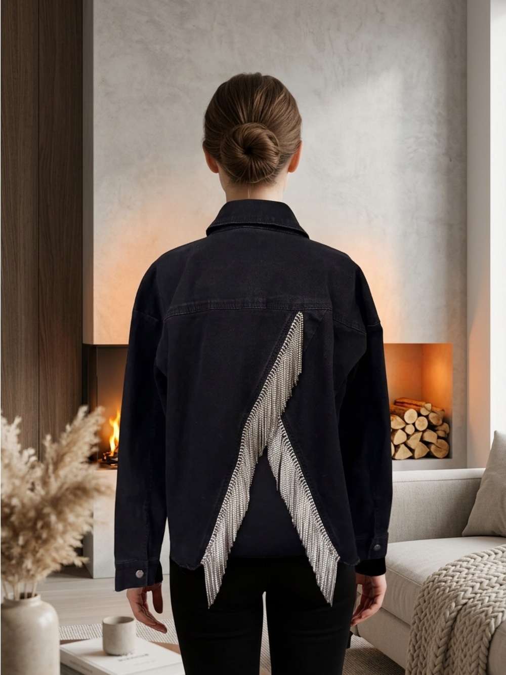 NWT Women with Control Black Denim Jacket with Silver Bling Fringe